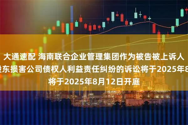 大通速配 海南联合企业管理集团作为被告被上诉人的1起涉及股东损害公司债权人利益责任纠纷的诉讼将于2025年8月12日开庭